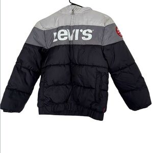 Levi’s Puffer Coat Hooded Full Zipper Jacket Grey Black Waterproof Kids Size M